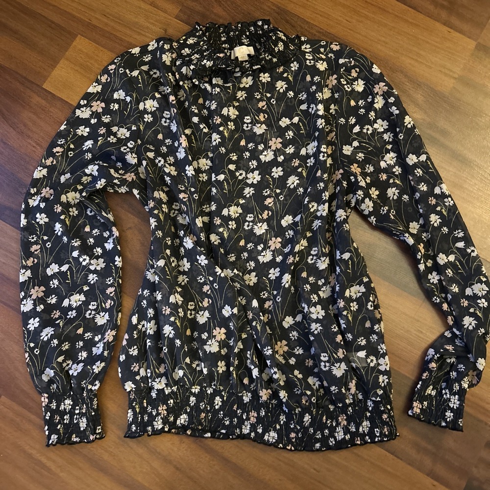 Y2K Whimsigoth Black Floral Sheer Top Smocked Neck & Hem Size Medium